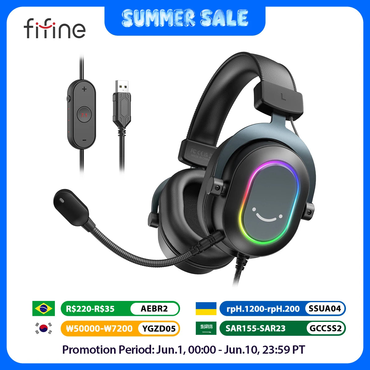 Headset Gamer Fifine RGB 7.1 USB com Microfone | Compatível com PC, PS4 e PS5
